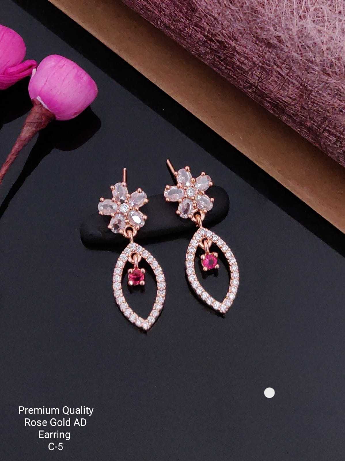 Floral Dangle Earrings with Pink Crystal Drop