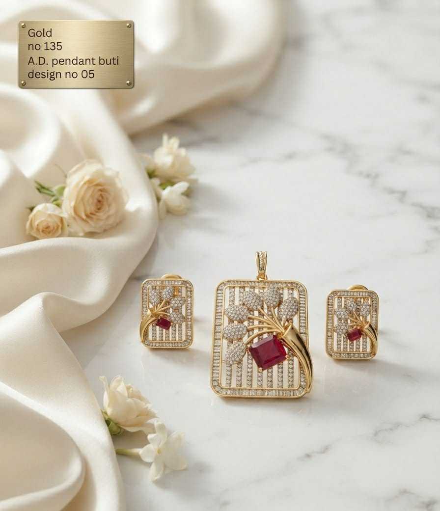 Floral Spray Grid AD Pendant Set with Ruby, Green or White Stone