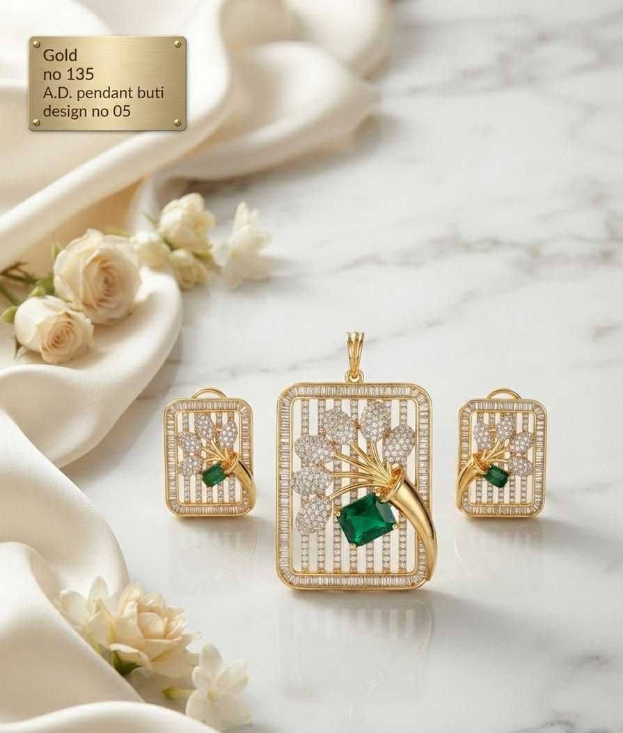 Floral Spray Grid AD Pendant Set with Ruby, Green or White Stone
