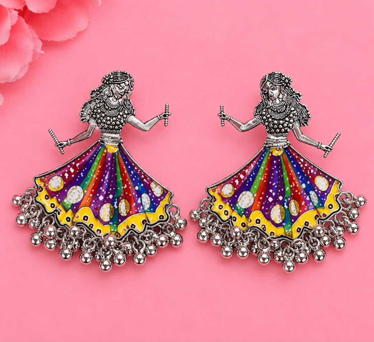 Garba Dancer Enamel Earrings with Ghungroo Fringe