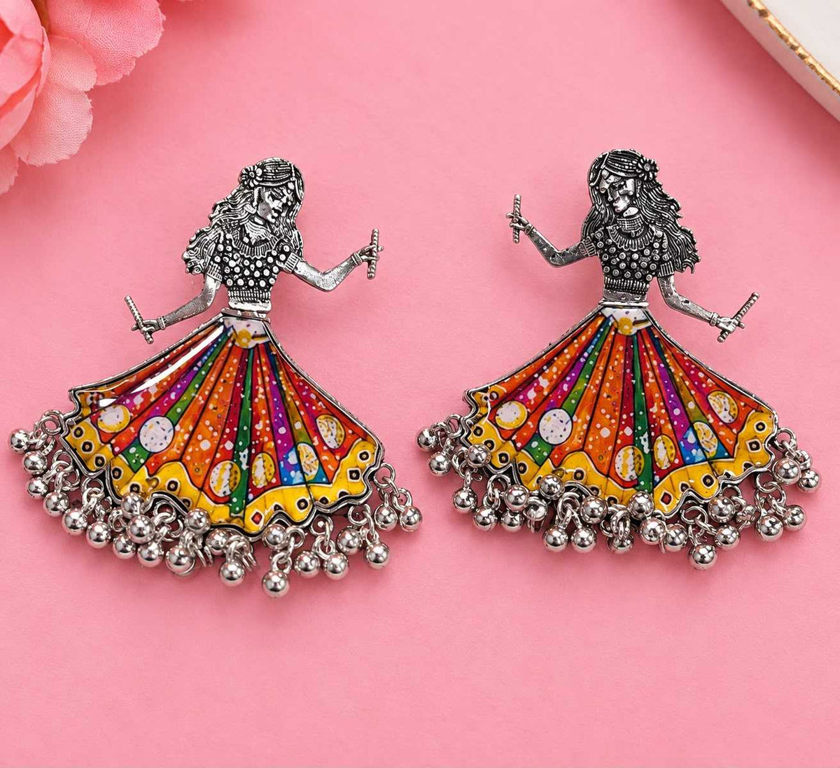 Garba Dancer Enamel Earrings with Ghungroo Fringe