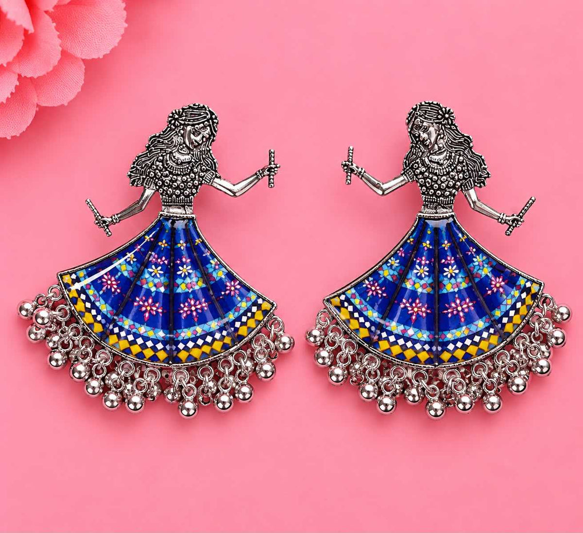 Garba Dancer Enamel Earrings with Ghungroo Fringe
