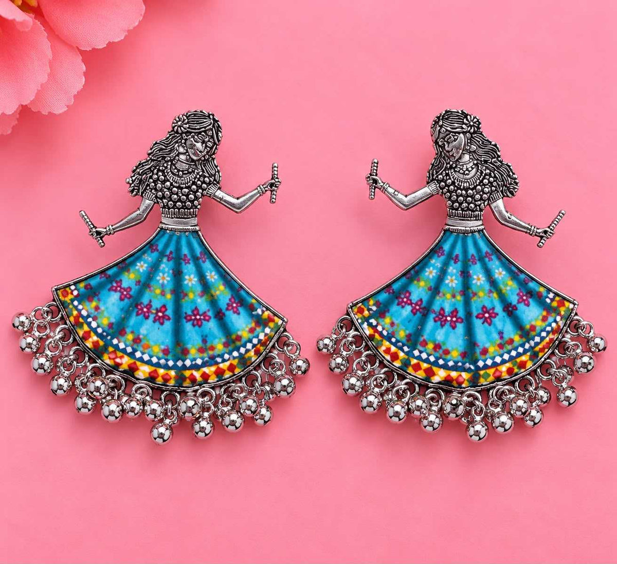 Garba Dancer Enamel Earrings with Ghungroo Fringe