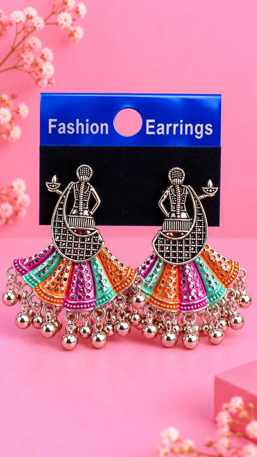 Garba Dancer Oxidised Earrings with Enamel Skirt and Ghungroo