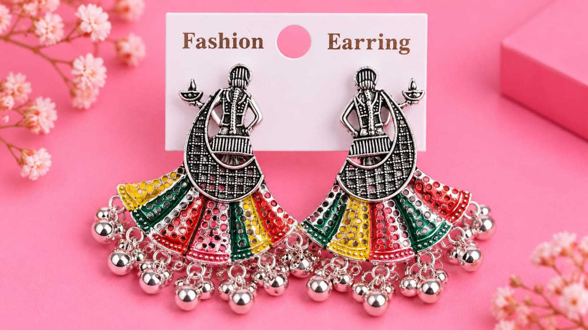 Garba Dancer Oxidised Earrings with Enamel Skirt and Ghungroo