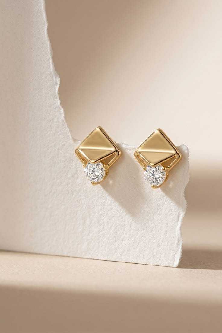 Geometric Gold & CZ Stud Earrings