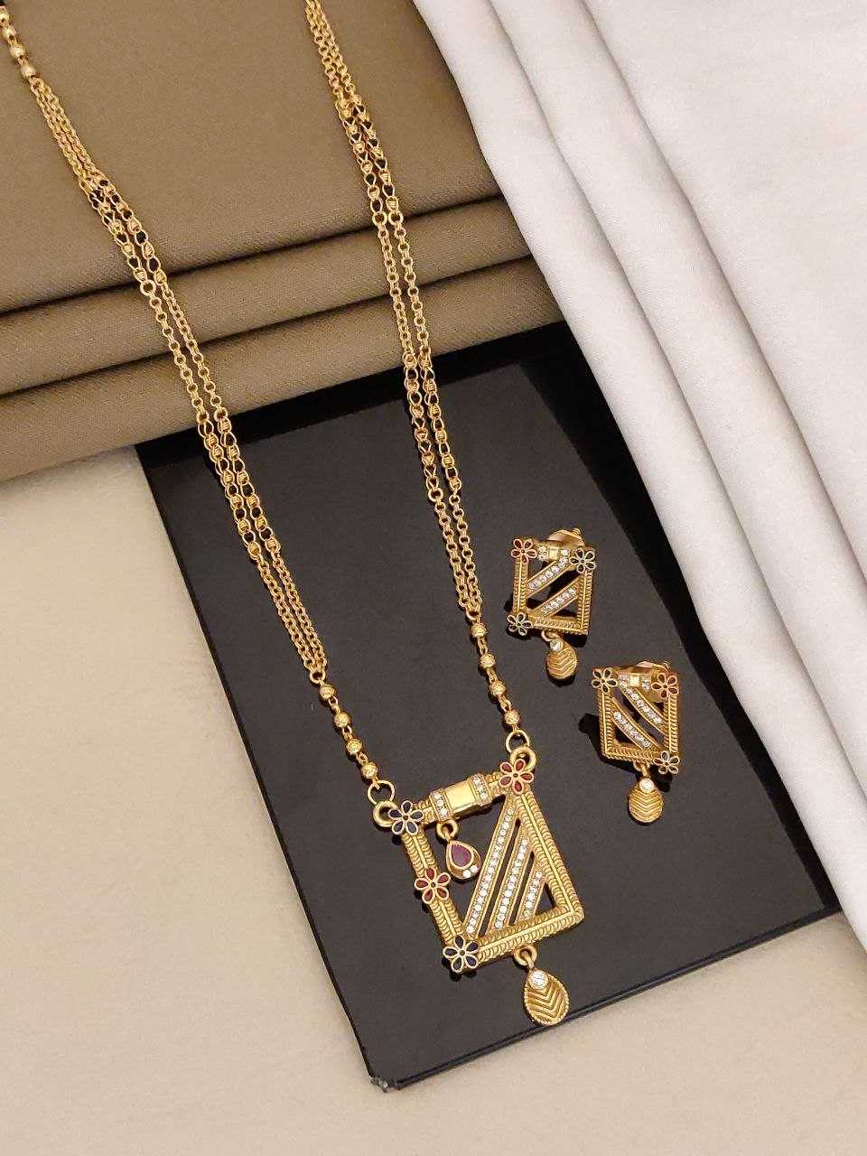Geometric Pendant Dual Chain Necklace & Earrings