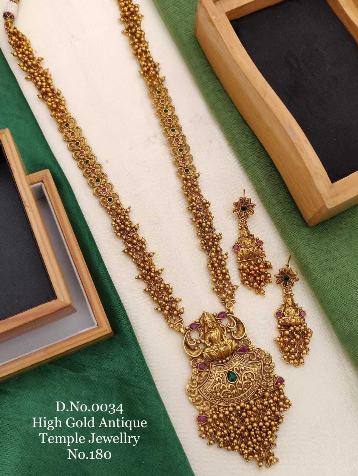 Goddess Lakshmi Temple Long Set with Gold Bead Cluster Chain