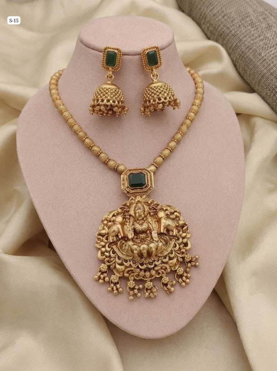 Goddess Lakshmi Temple Necklace with Green Stone Jhumkas