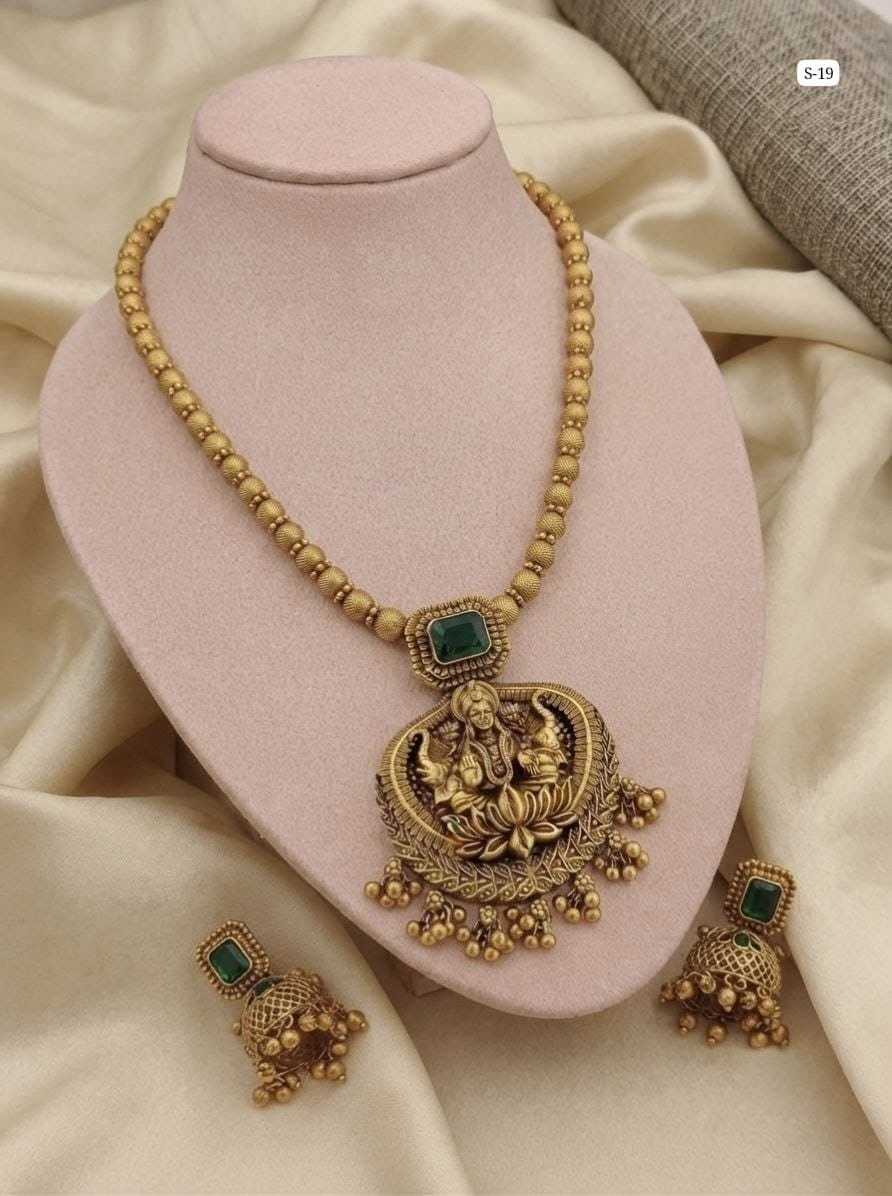 Goddess Lakshmi Temple Necklace with Green Stone Jhumkas