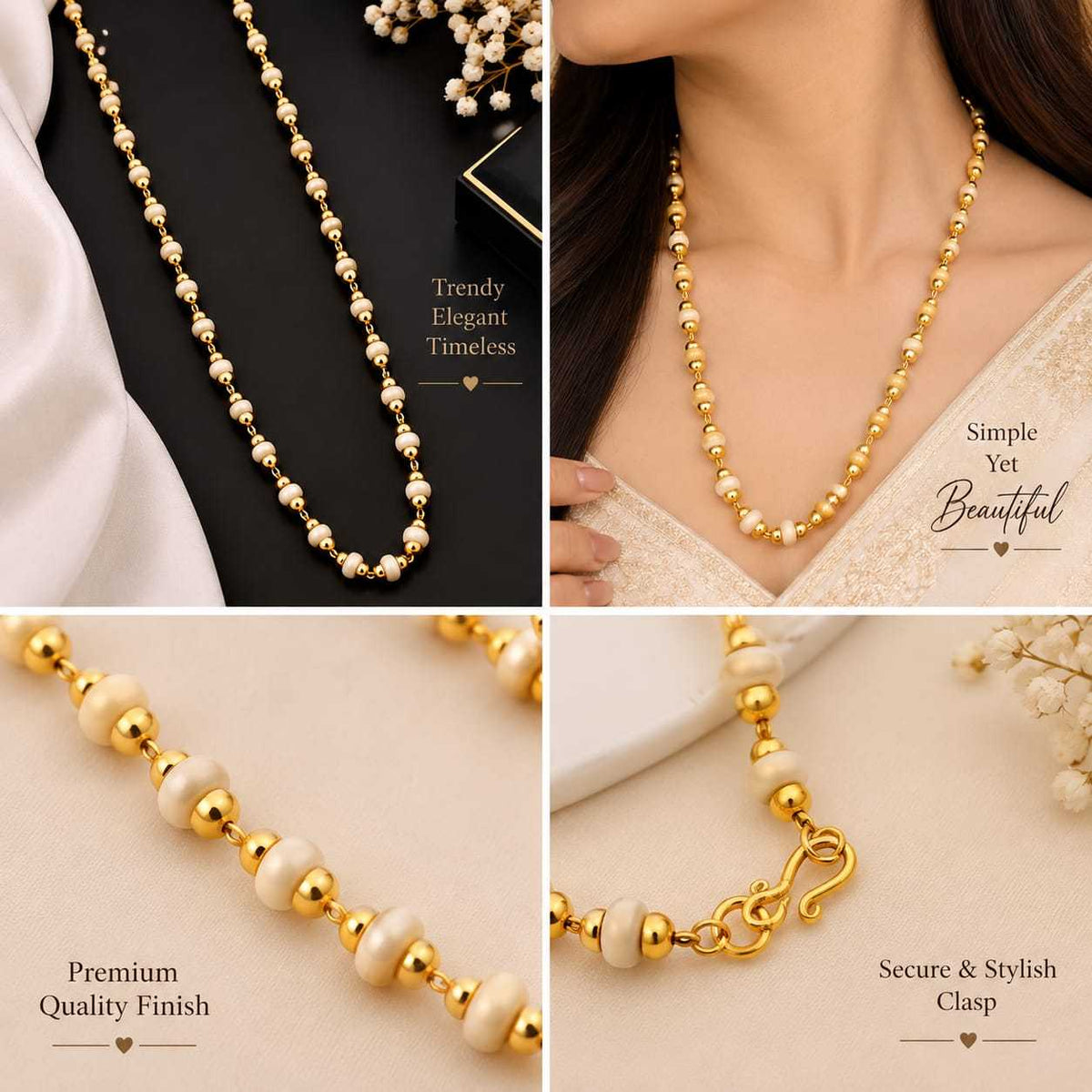 Gold and Cream Bead Tulsi Style Mala Chain