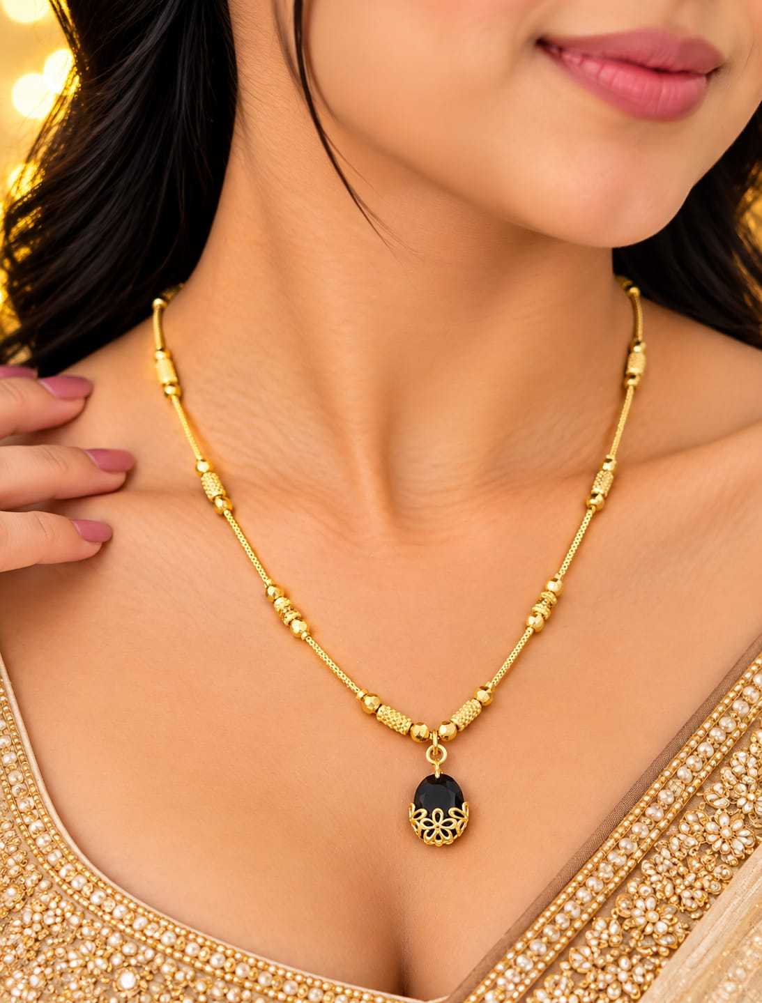 Gold Bead Chain Necklace with Coloured Stone Drop Pendant