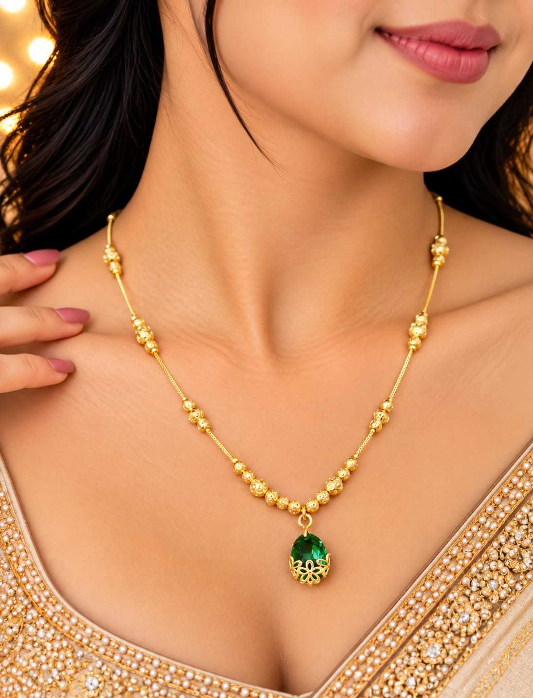 Gold Bead Chain Necklace with Coloured Stone Drop Pendant
