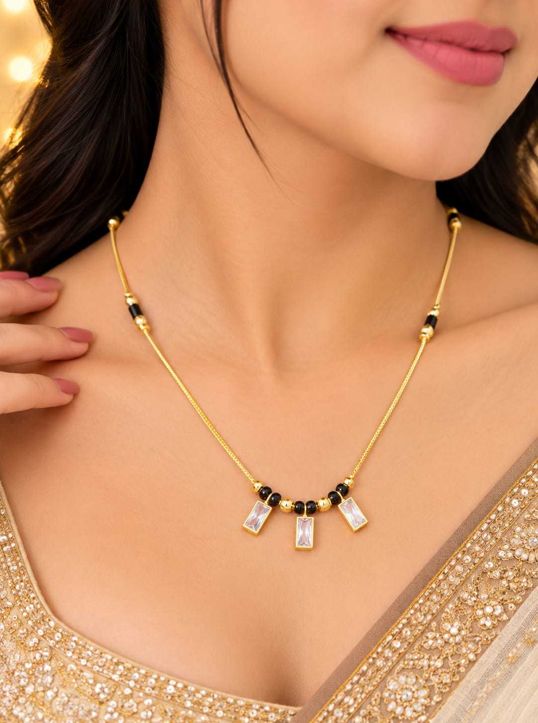 Gold Bead Chain Necklace with Coloured Stone Drop Pendant
