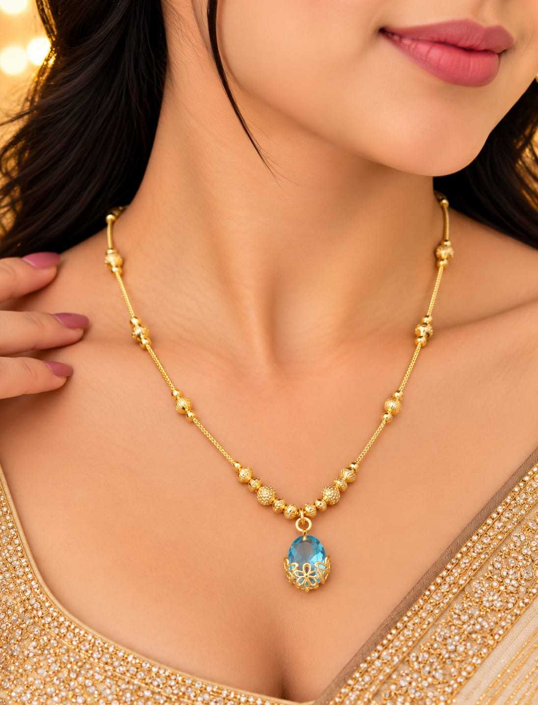 Gold Bead Chain Necklace with Coloured Stone Drop Pendant