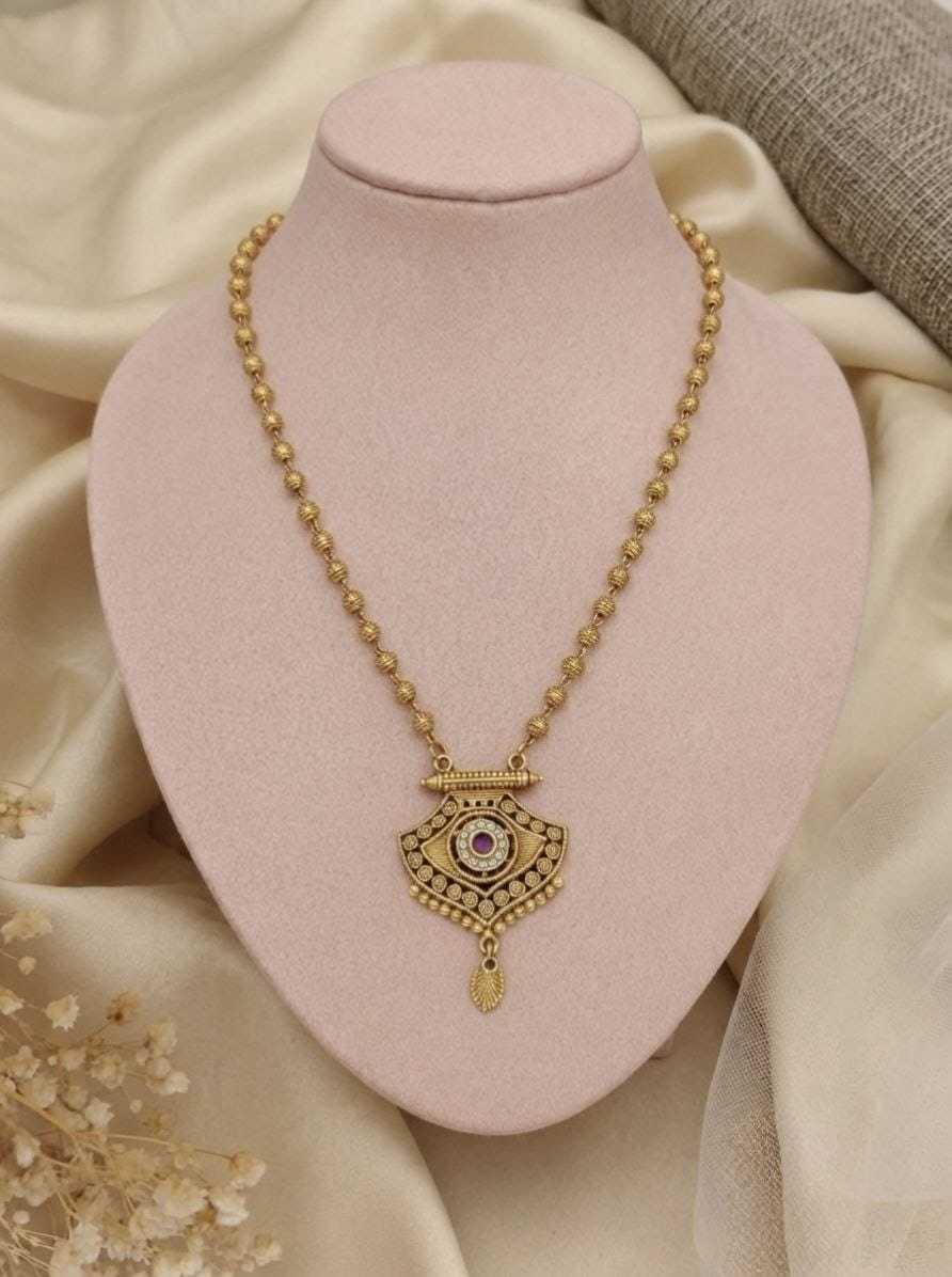 Gold Bead Chain with Carved Fan Pendant