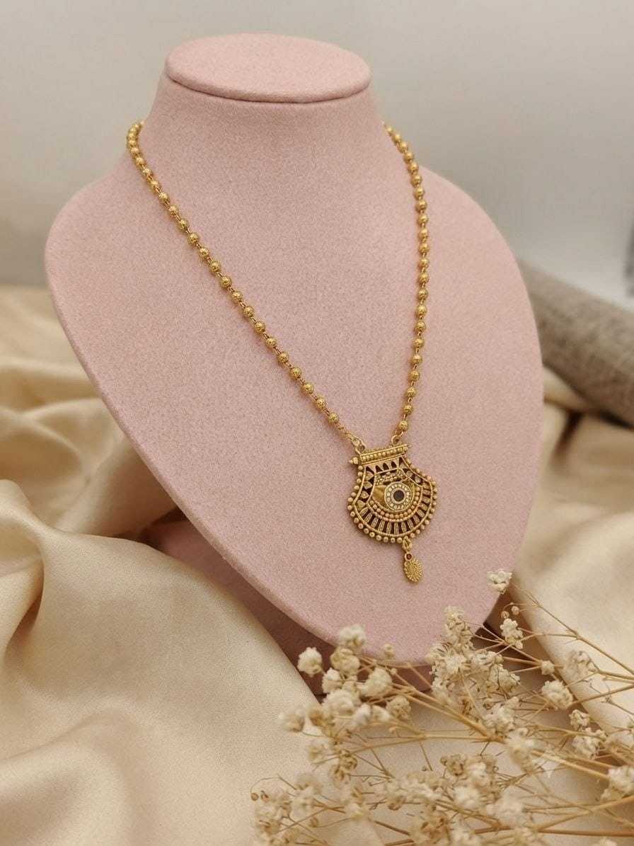 Gold Bead Chain with Carved Fan Pendant