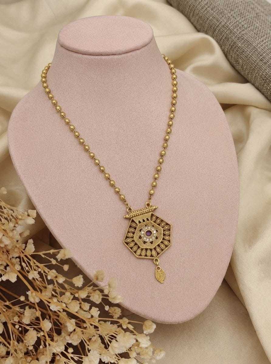 Gold Bead Chain with Carved Fan Pendant