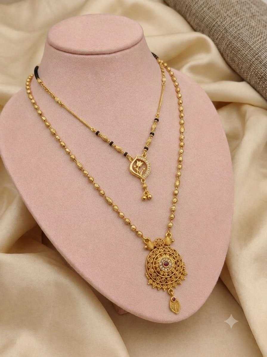 Gold Bead Layered Mangalsutra with Fan Pendant