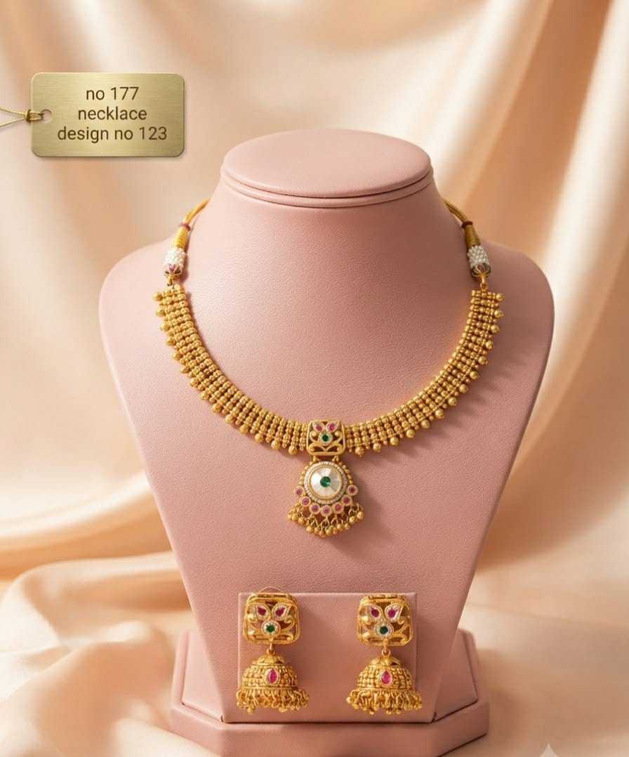 Gold Bead Necklace with Kundan Drop Pendant and Jhumka Earrings
