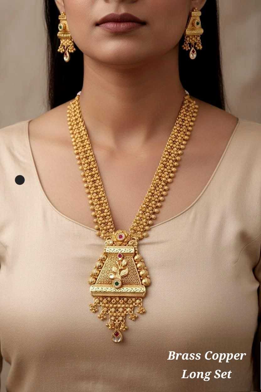 Gold Bead Rani Haar Long Set with Geometric Pendant