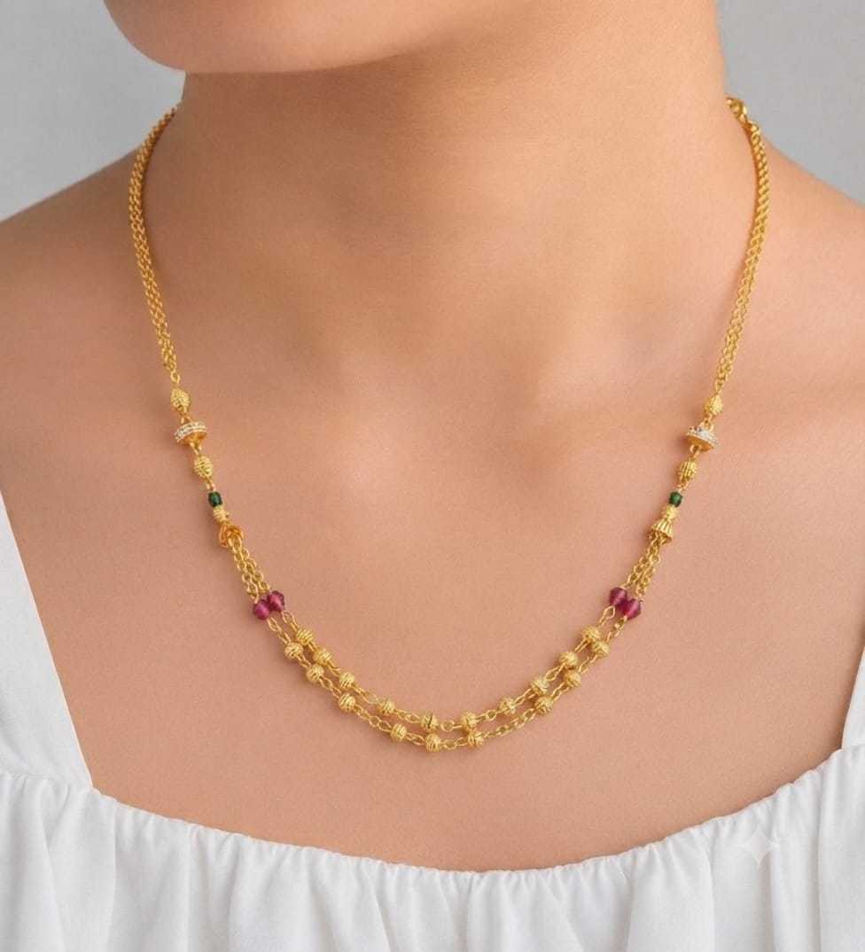 Gold Bead Short Necklace Set with Ruby Stones