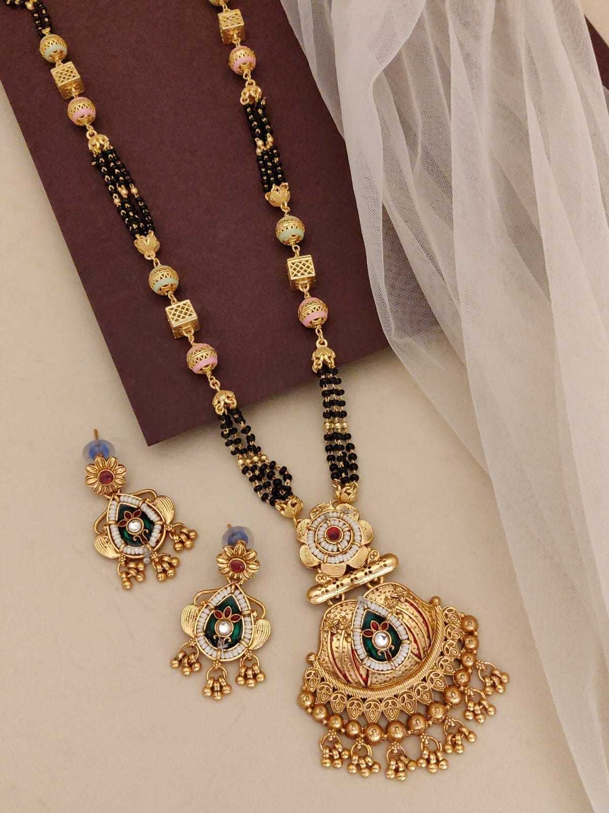 Gold Bead Station Long Mangalsutra with Green Enamel Pendant