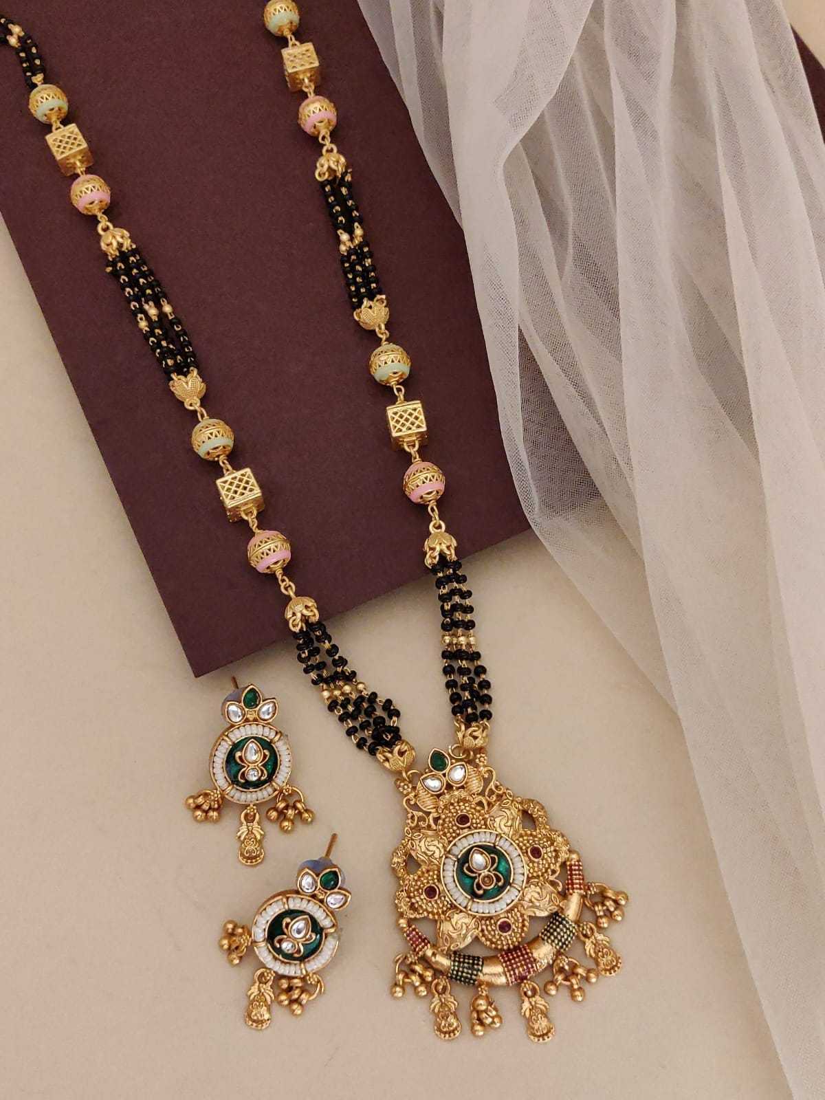 Gold Bead Station Long Mangalsutra with Green Enamel Pendant