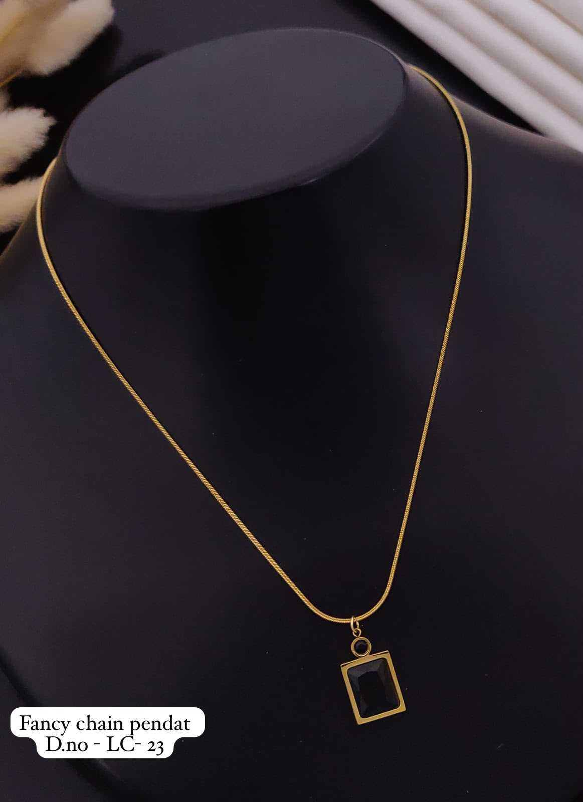 Gold Chain Necklace with Pink Square Pendant