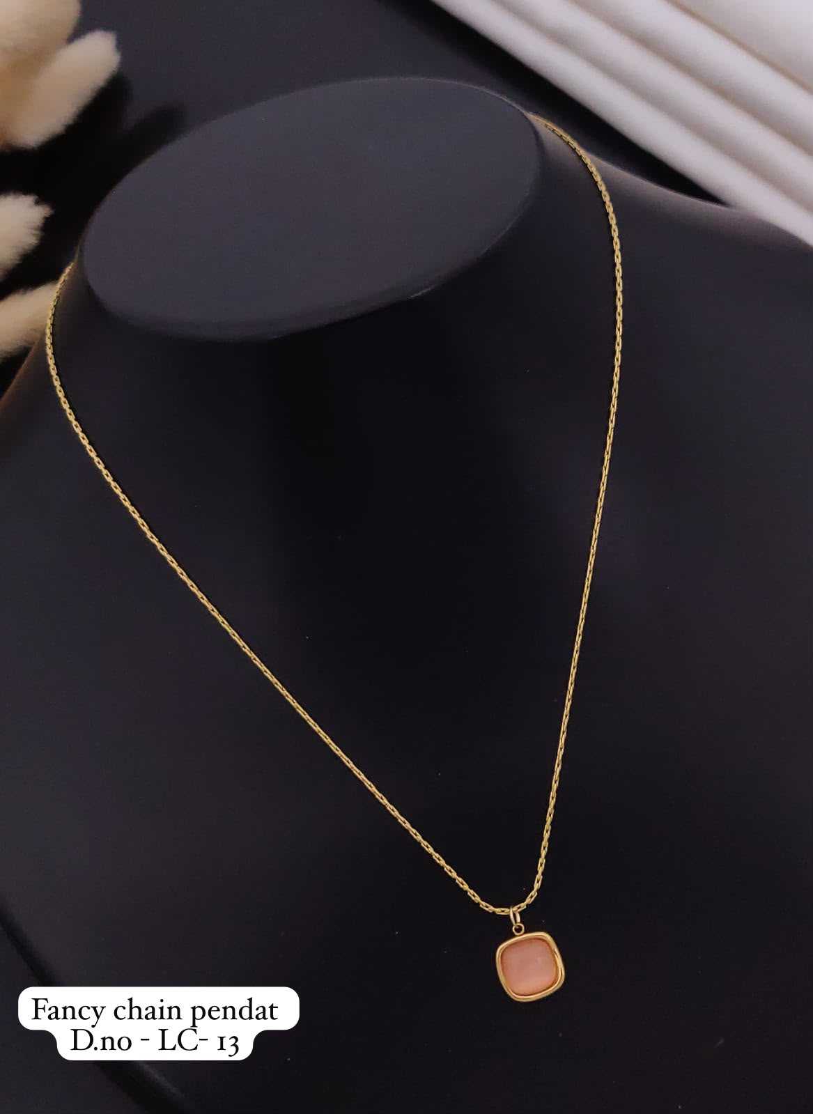 Gold Chain Necklace with Pink Square Pendant
