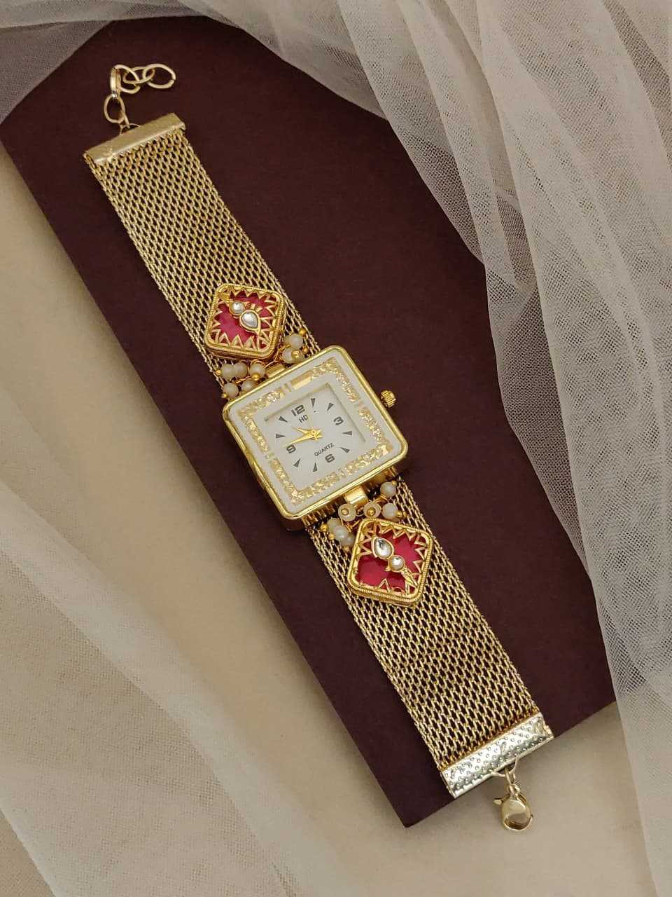 Gold Mesh Strap Bracelet Watch with Kundan Meenakari Motifs