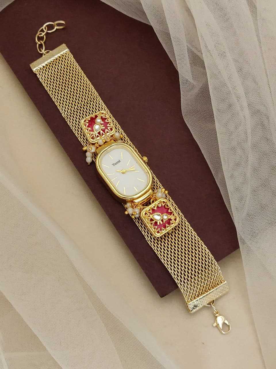 Gold Mesh Strap Bracelet Watch with Kundan Meenakari Motifs