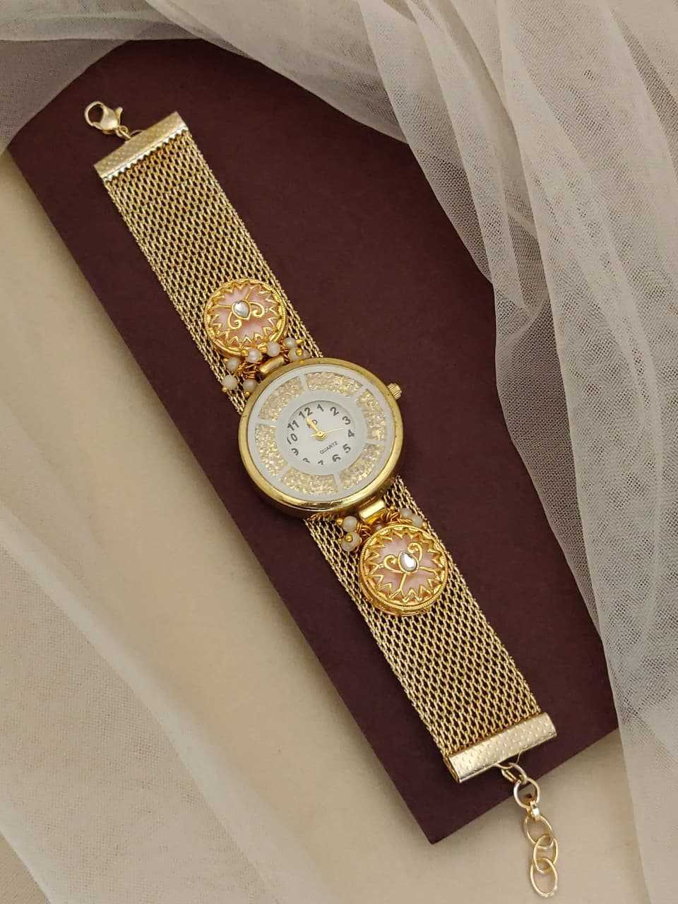 Gold Mesh Strap Bracelet Watch with Kundan Meenakari Motifs