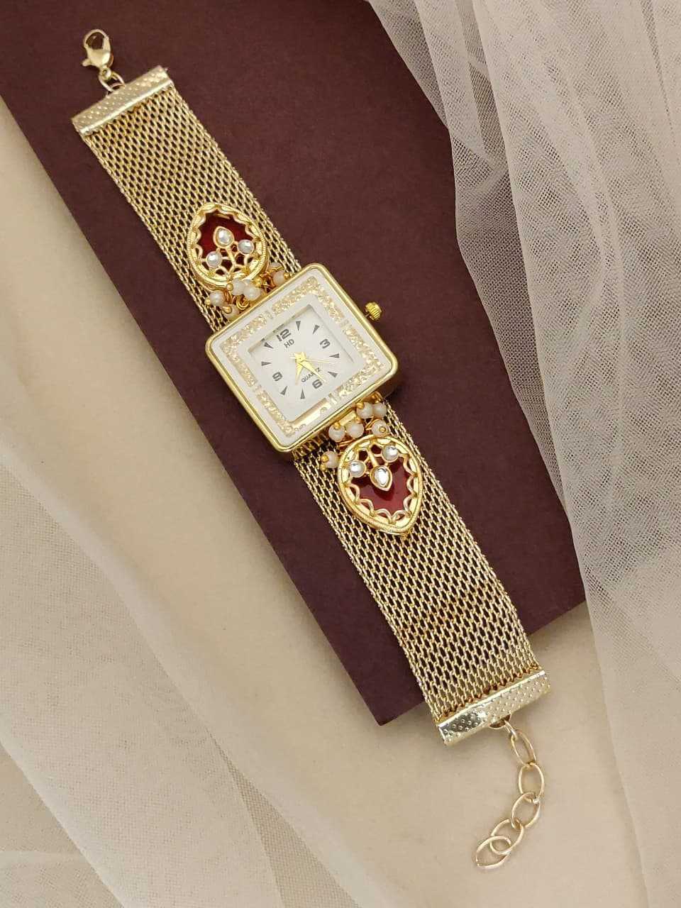 Gold Mesh Strap Bracelet Watch with Kundan Meenakari Motifs