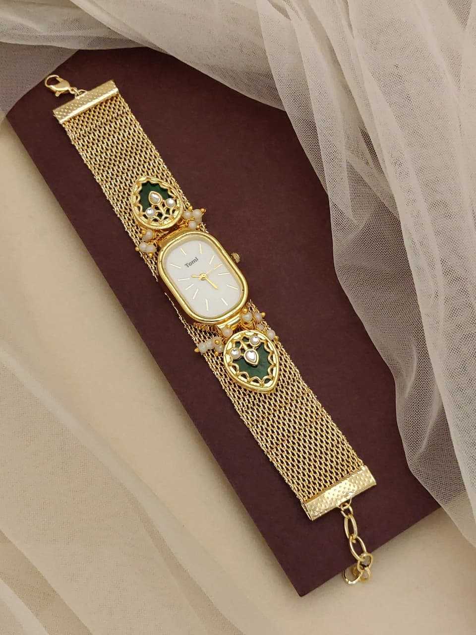 Gold Mesh Strap Bracelet Watch with Kundan Meenakari Motifs