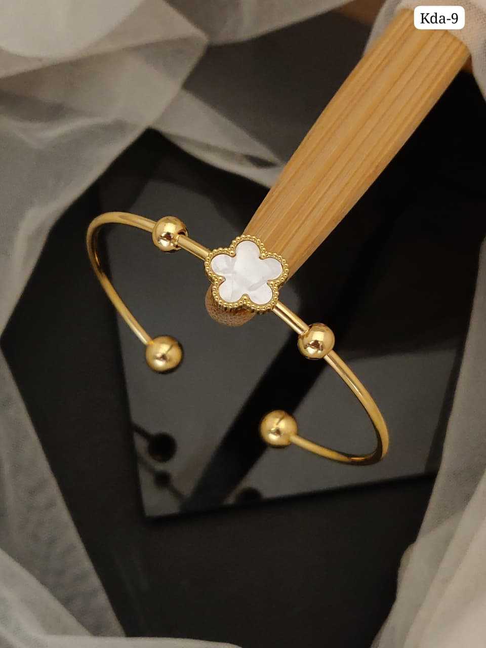 Gold Open Cuff Bracelet with White Heart Charm