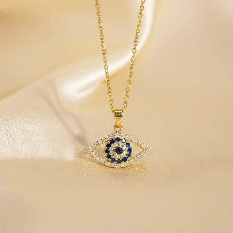 American diamond evil eye pendant on cream silk
