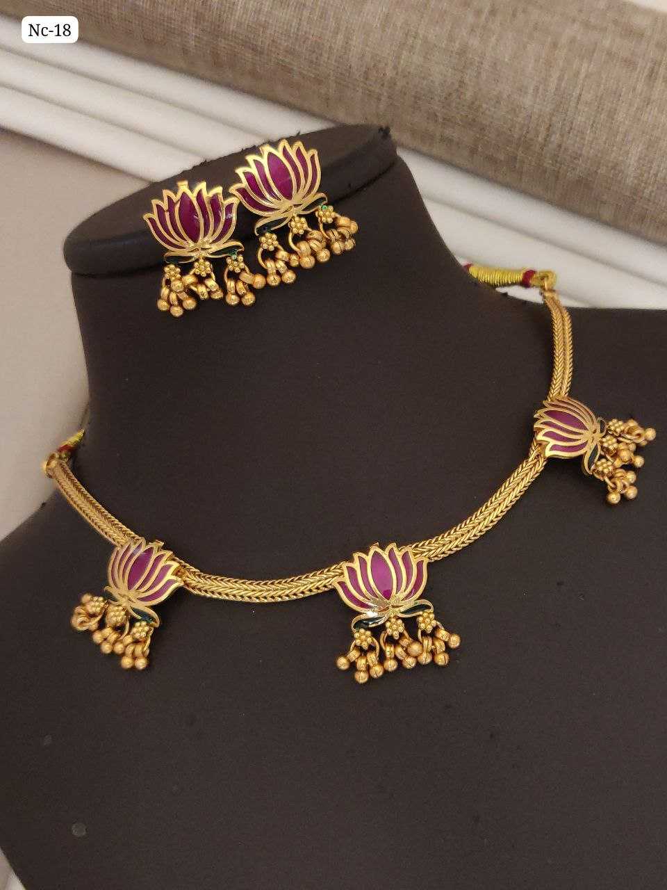 Gold-Plated Enamel Lotus Choker Set with Ghungroo Earrings