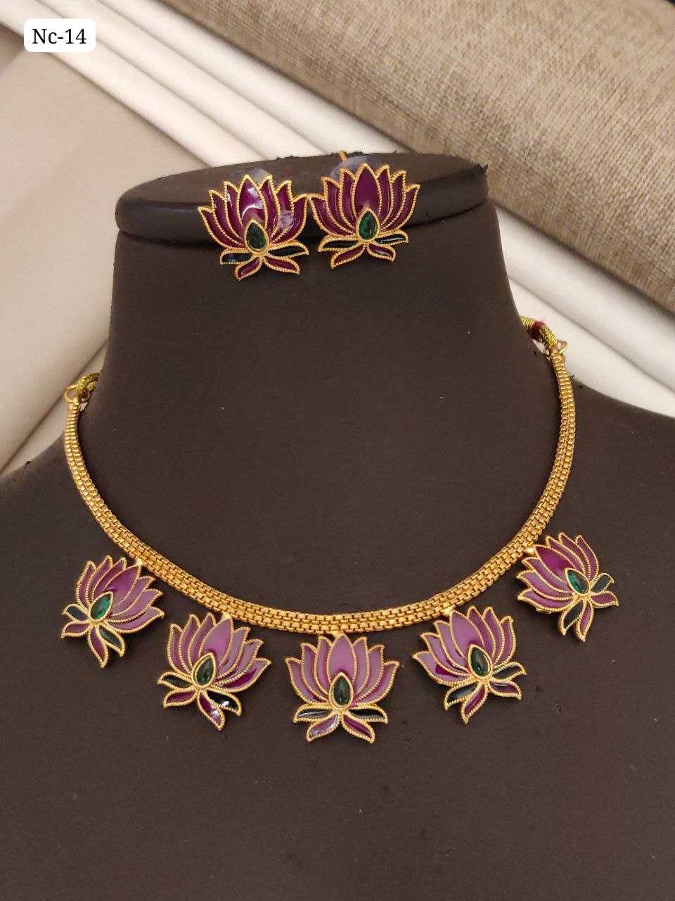 Gold-Plated Enamel Lotus Choker Set with Ghungroo Earrings