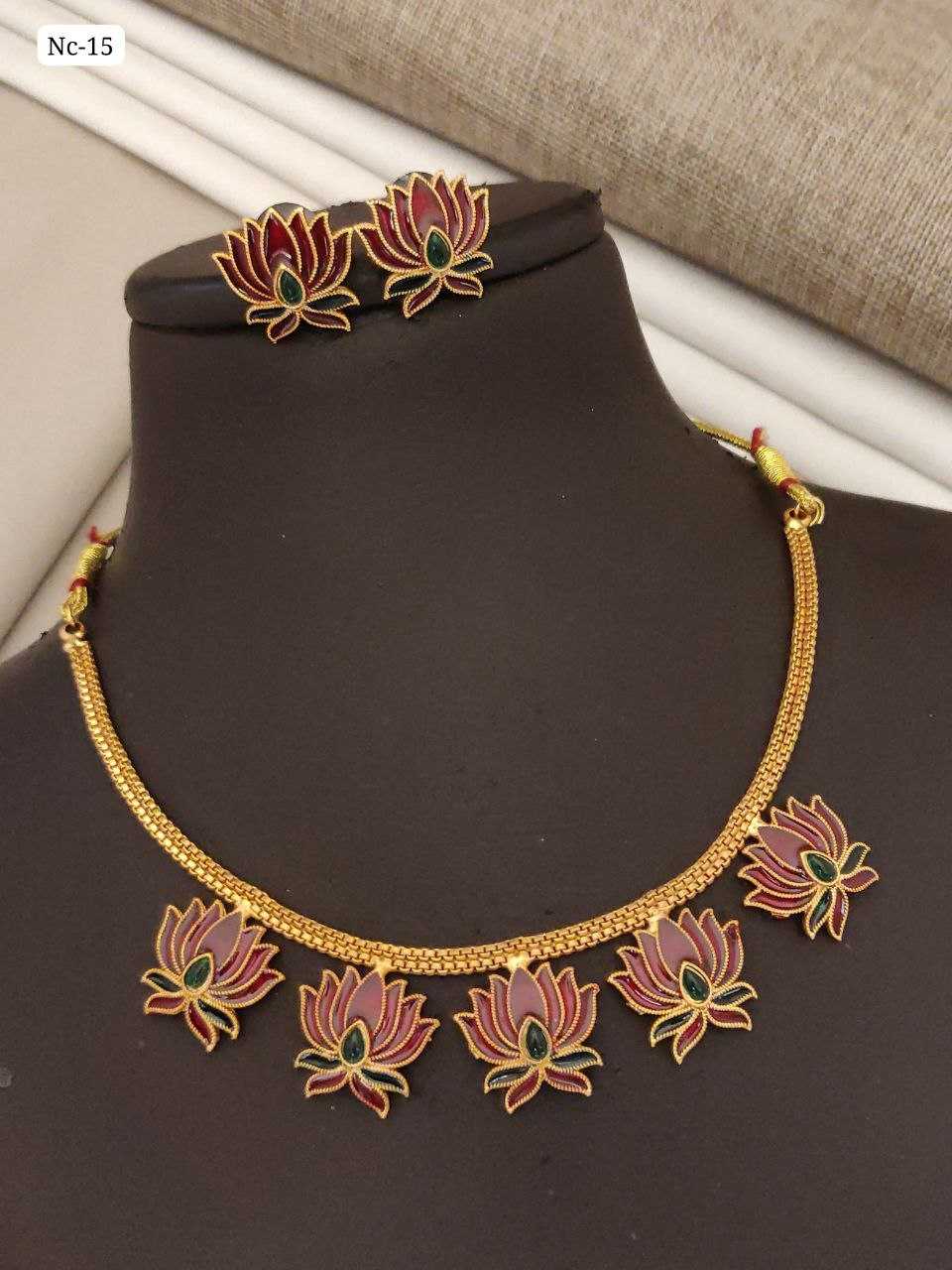 Gold-Plated Enamel Lotus Choker Set with Ghungroo Earrings