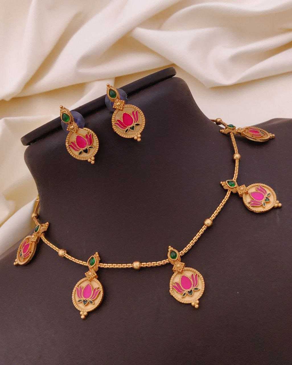 Gold-Plated Enamel Lotus Choker Set with Ghungroo Earrings