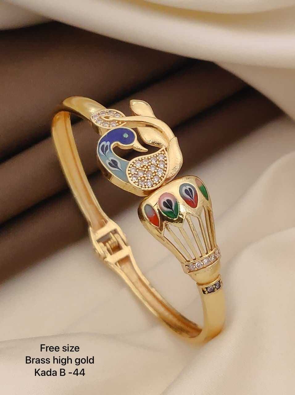 Gold-Plated Enamel Peacock Kada with CZ Stones