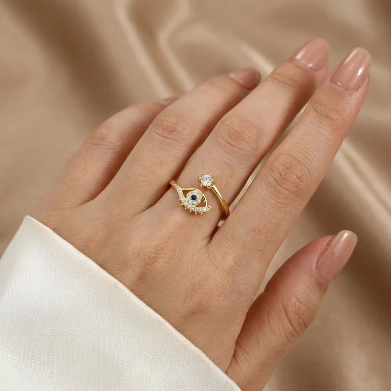 Evil eye ring worn on the ring finger
