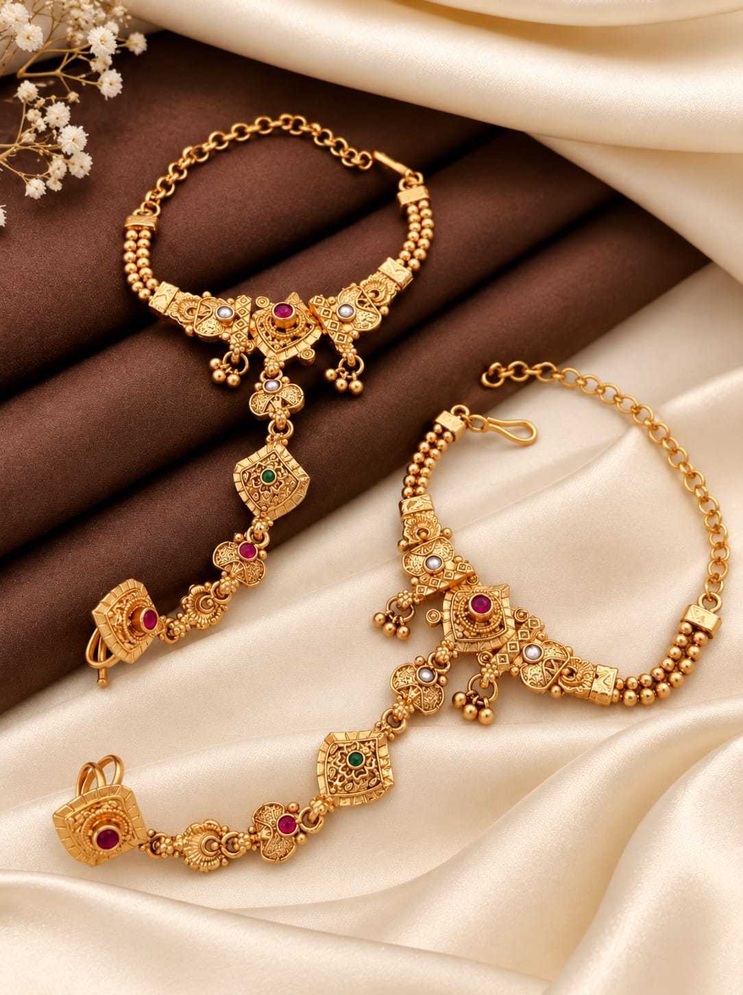 Gold-Plated Haathphool Pair with Ruby and Green Stones