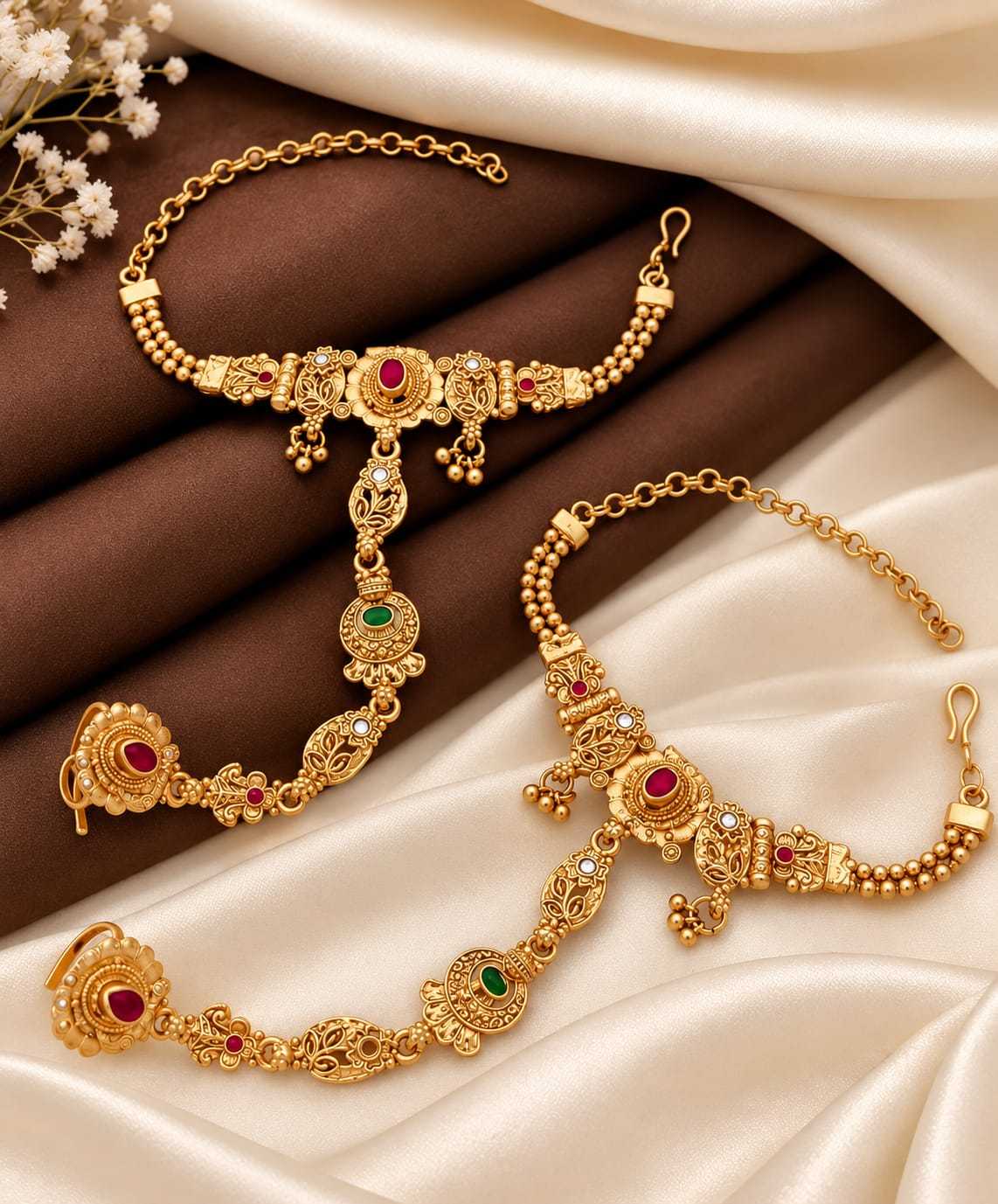 Gold-Plated Haathphool Pair with Ruby and Green Stones