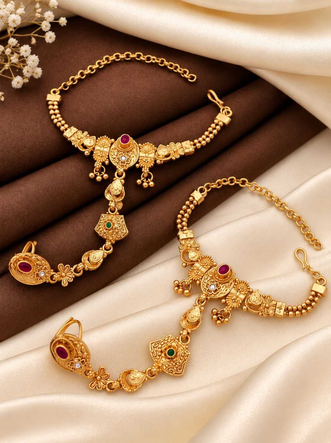 Gold-Plated Haathphool Pair with Ruby and Green Stones