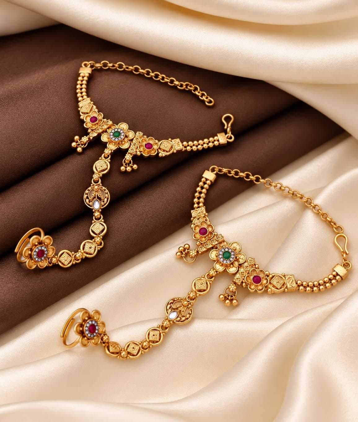 Gold-Plated Haathphool Pair with Ruby and Green Stones