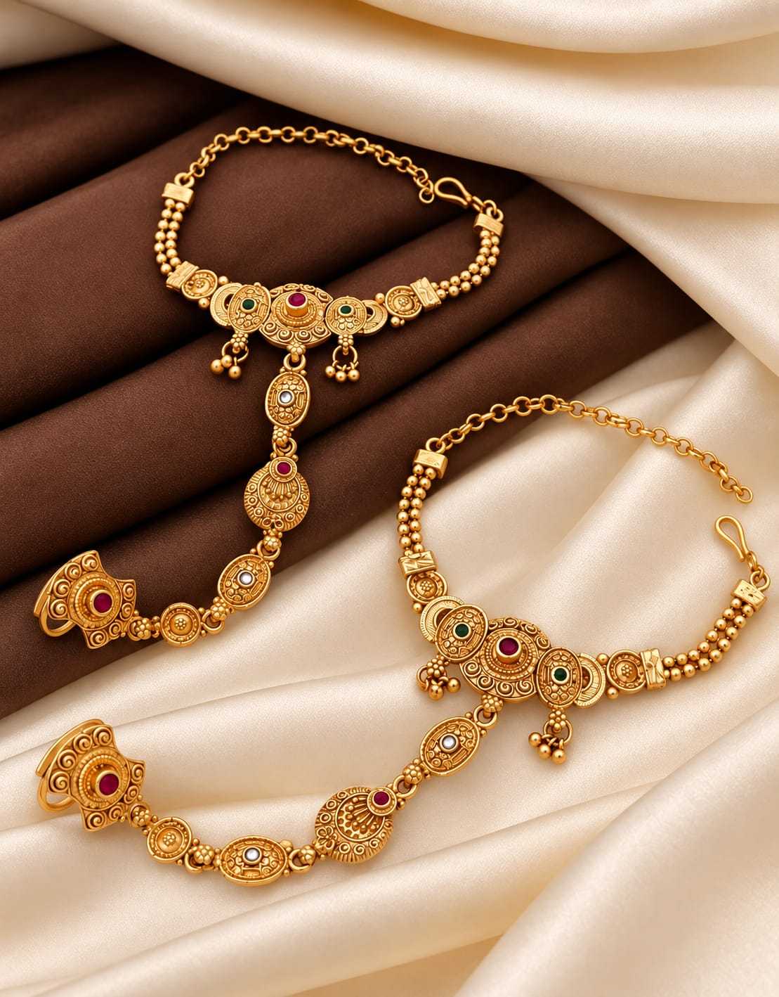 Gold-Plated Haathphool Pair with Ruby and Green Stones