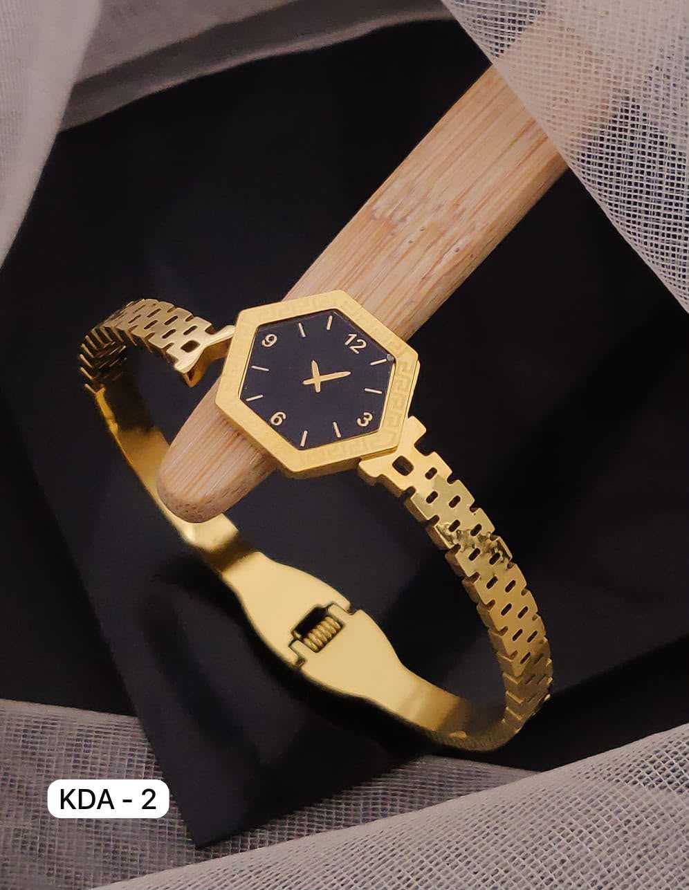 Gold-Tone Bangle Watch with Black Dial and Roman Numerals