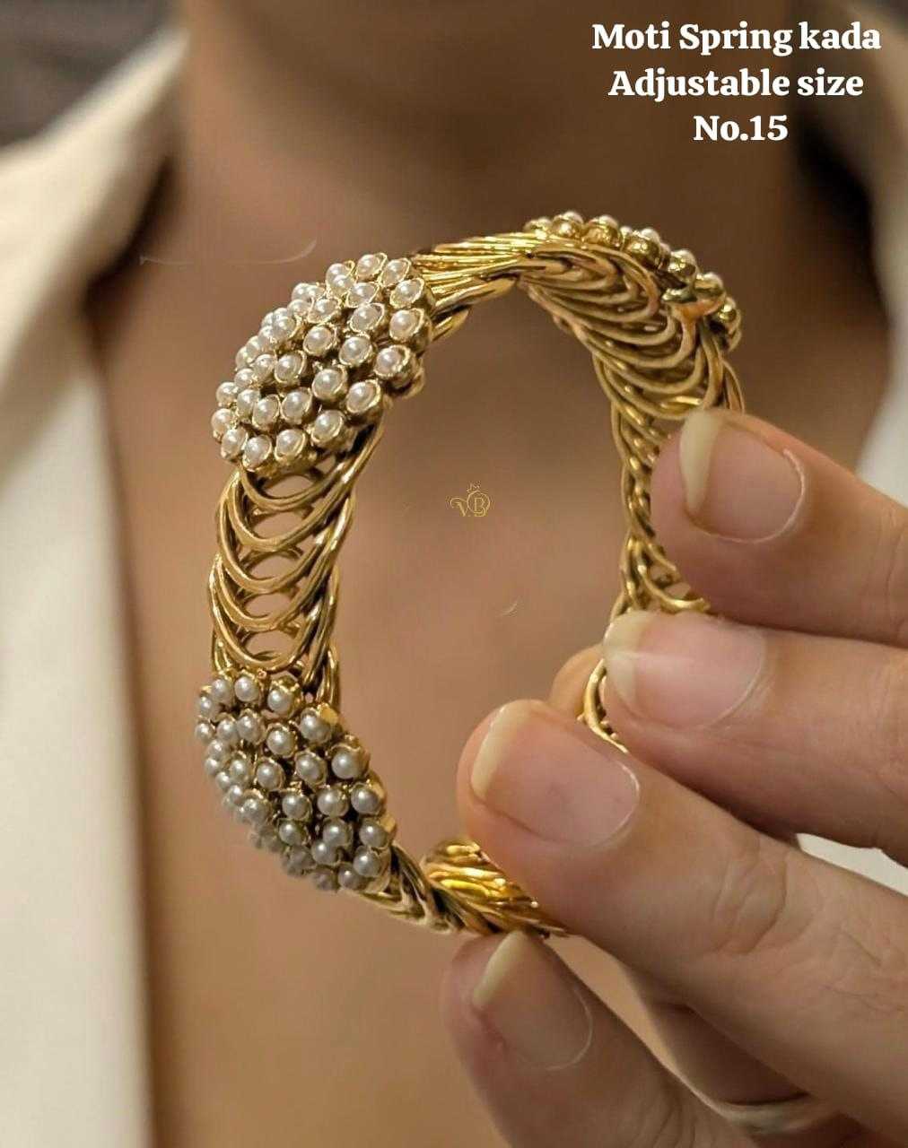 Gold-Tone Spring Coil Kada with Faux Pearl Cluster Accents